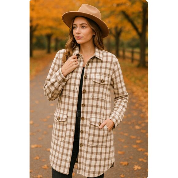 Buffalo David Bitton Large Flannel Cream Brown Plaid Long Line Shacket Cabincore - Picture 11 of 11